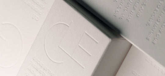 our white packaging with embossed lettering of the CLE logo and brand ethos